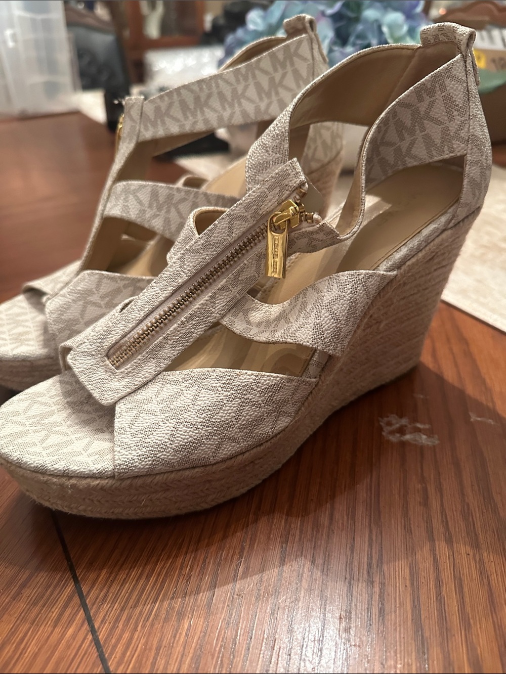 Michael Kors Tan Logo Zip-Up Espadrille Wedge Sandals - Picture 3 of 8